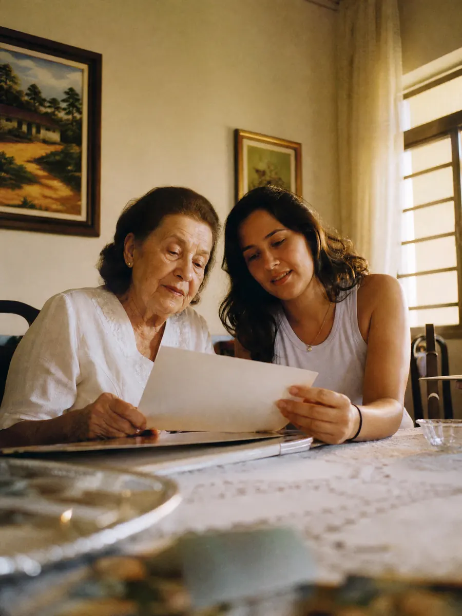 Mãe idosa e filha conferindo documentos da família à mesa
