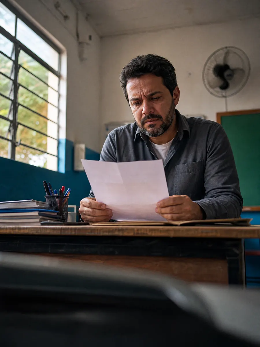 Professor sentado na sala de aula vazia lendo um comunicado oficial