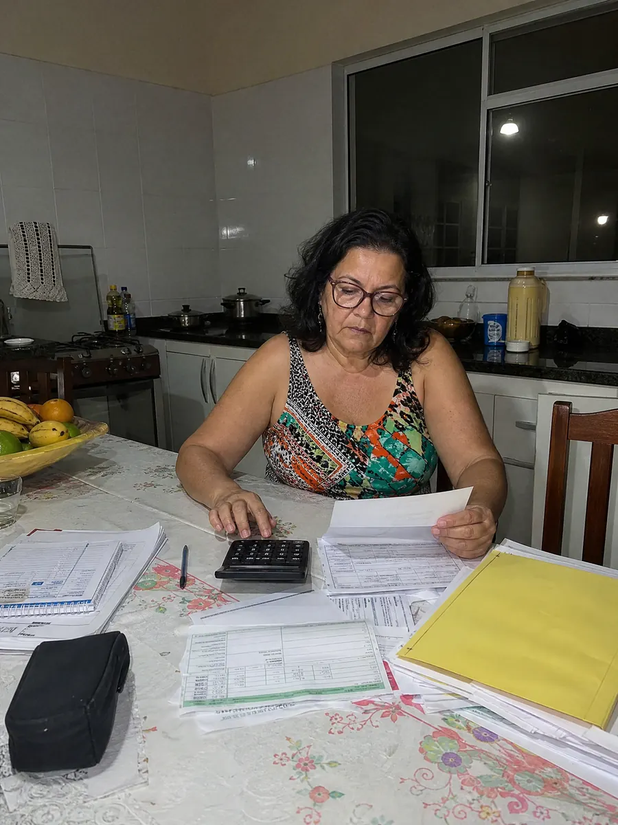 Professora comparando contracheques com uma calculadora à mesa da cozinha